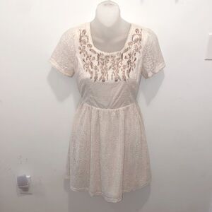 Soieblu Cocktail Wedding Mini Boho Bohemian Cream Rehearsal Lace Dress Small S